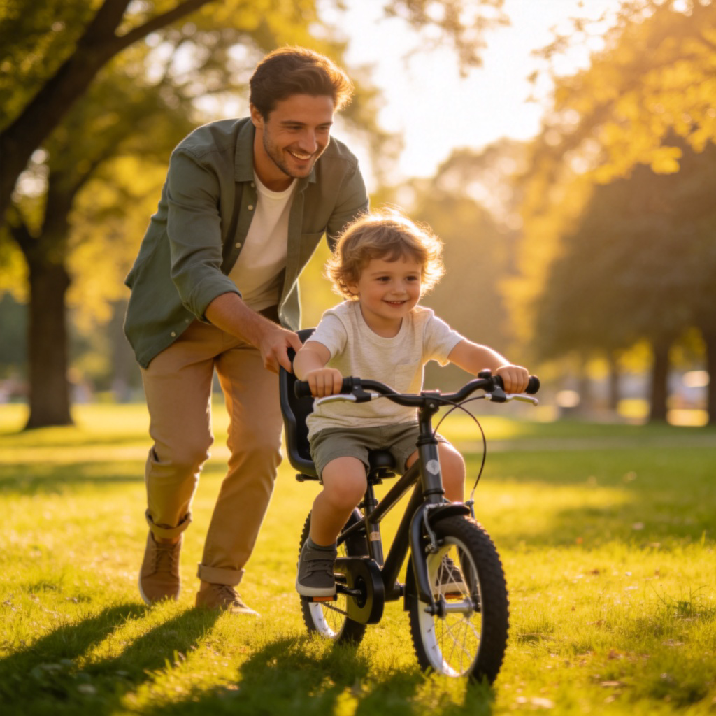 A warm scene of a parent helping a young child learn to ride a bicycle in a sunny park. The parent is holding the back of the bike seat, smiling encouragingly. The child is focused and determined. Green grass and trees in the background. Natural, happy lighting. No text.