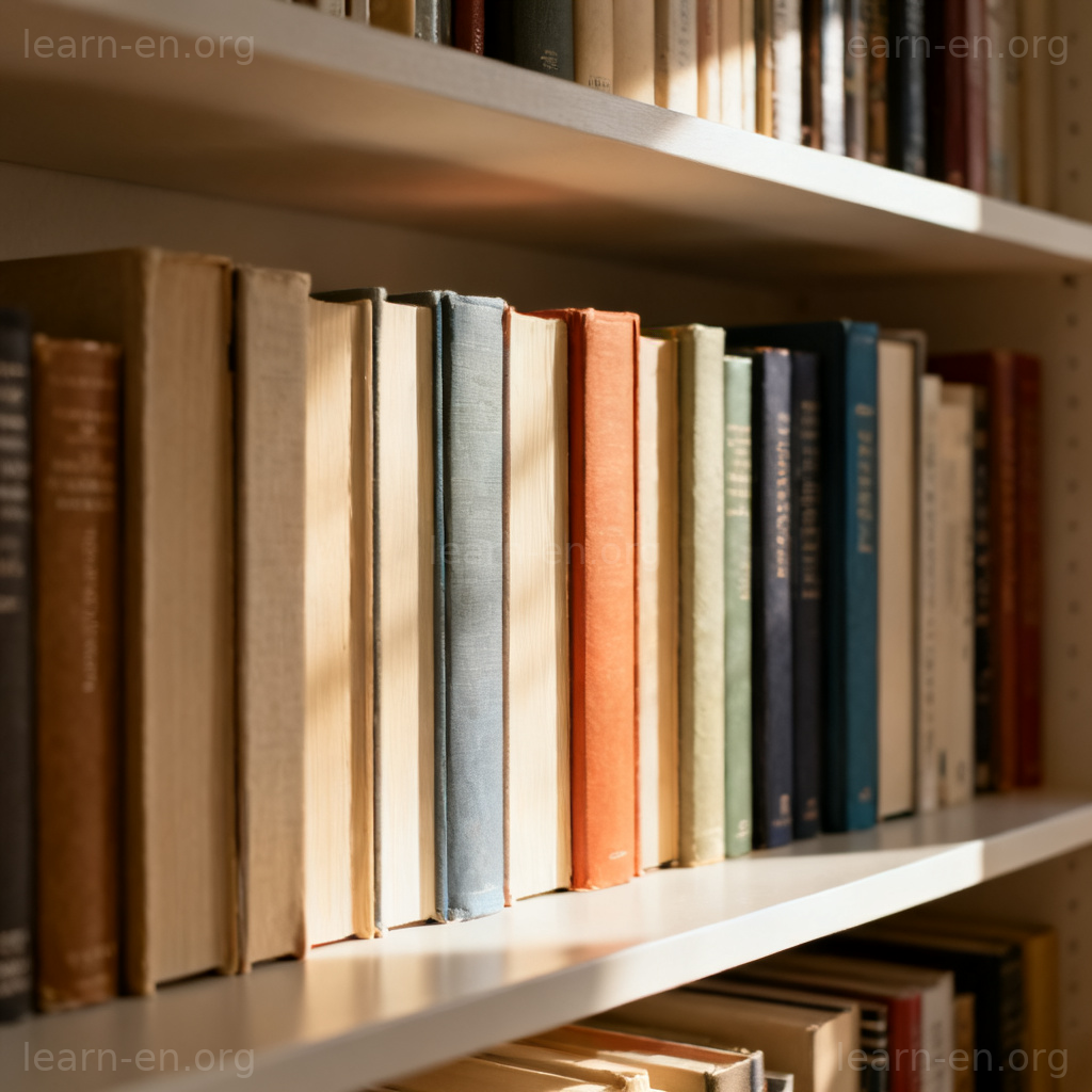 Books arranged in order on a shelf, demonstrating the verb 'to range'.