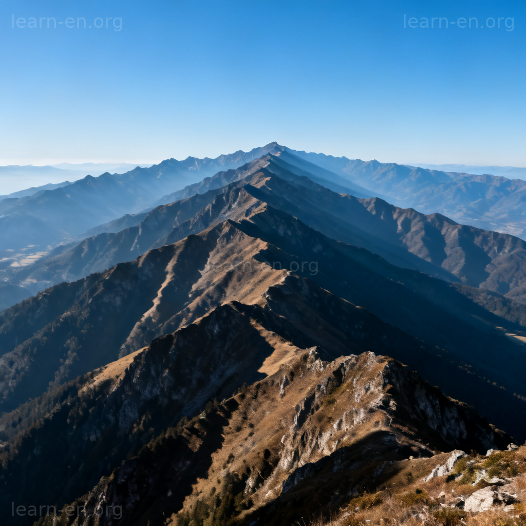 A long mountain range stretching across a landscape under a blue sky.