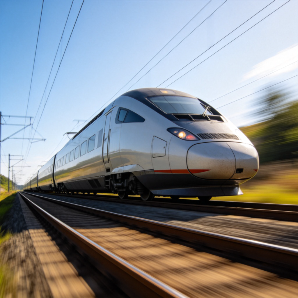 A high-speed train speeding along railway tracks, with the background blurred to emphasize fast motion. The train is sleek and modern, viewed from a low side angle under clear daylight. The focus is sharp on the train, showing its dynamic movement against a simple landscape. No text or logos are present.