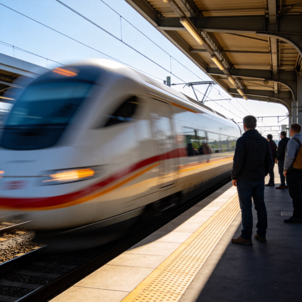 rapidly 含义图解：高速列车快速驶过站台，展现高速运动感