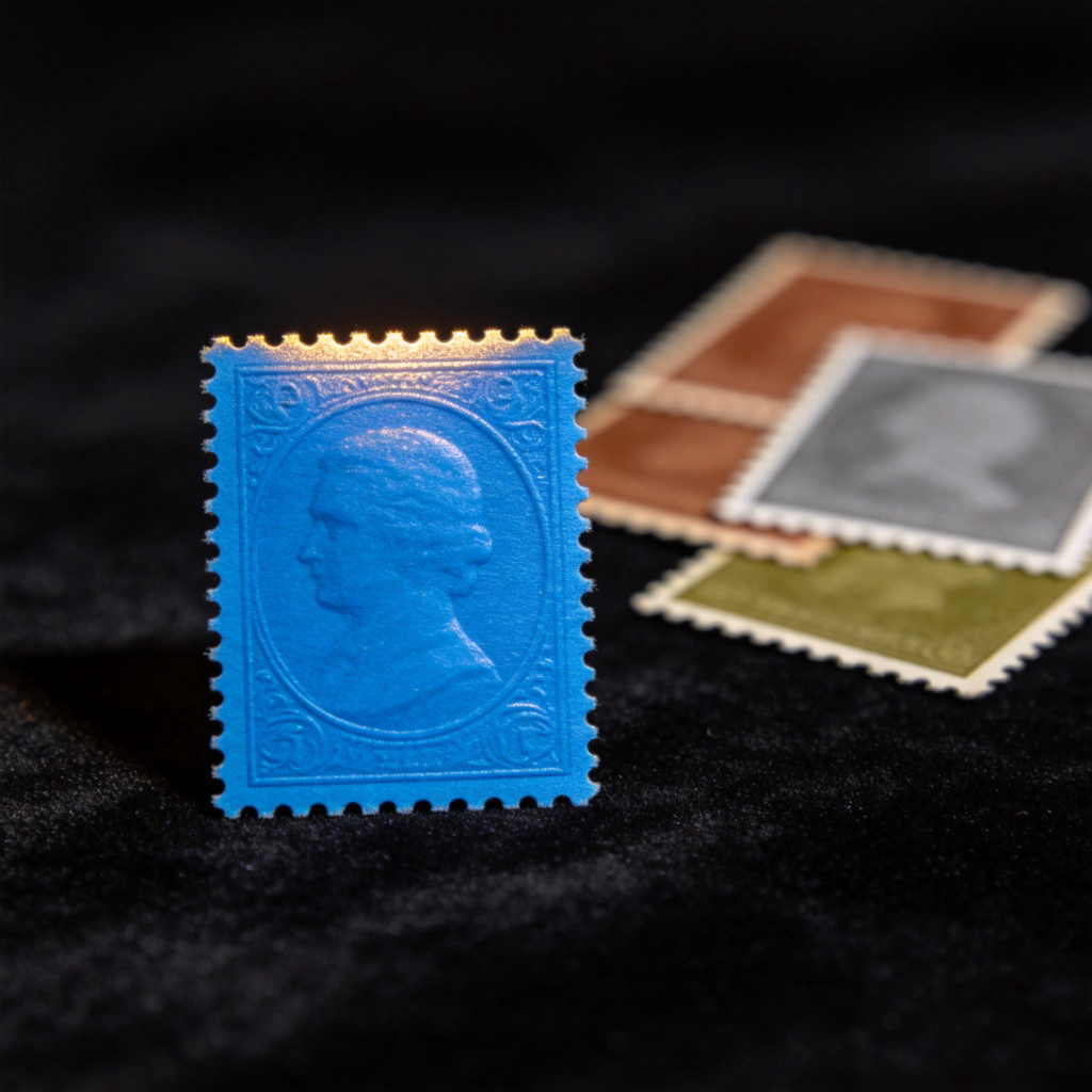 A close-up photograph of a single, flawless, bright blue postage stamp placed centrally on a dark velvet background. To the side, slightly out of focus, are a few common, less colorful stamps, highlighting the difference. The lighting is soft and dramatic, focusing on the texture and color of the rare stamp. No text, no logos.
