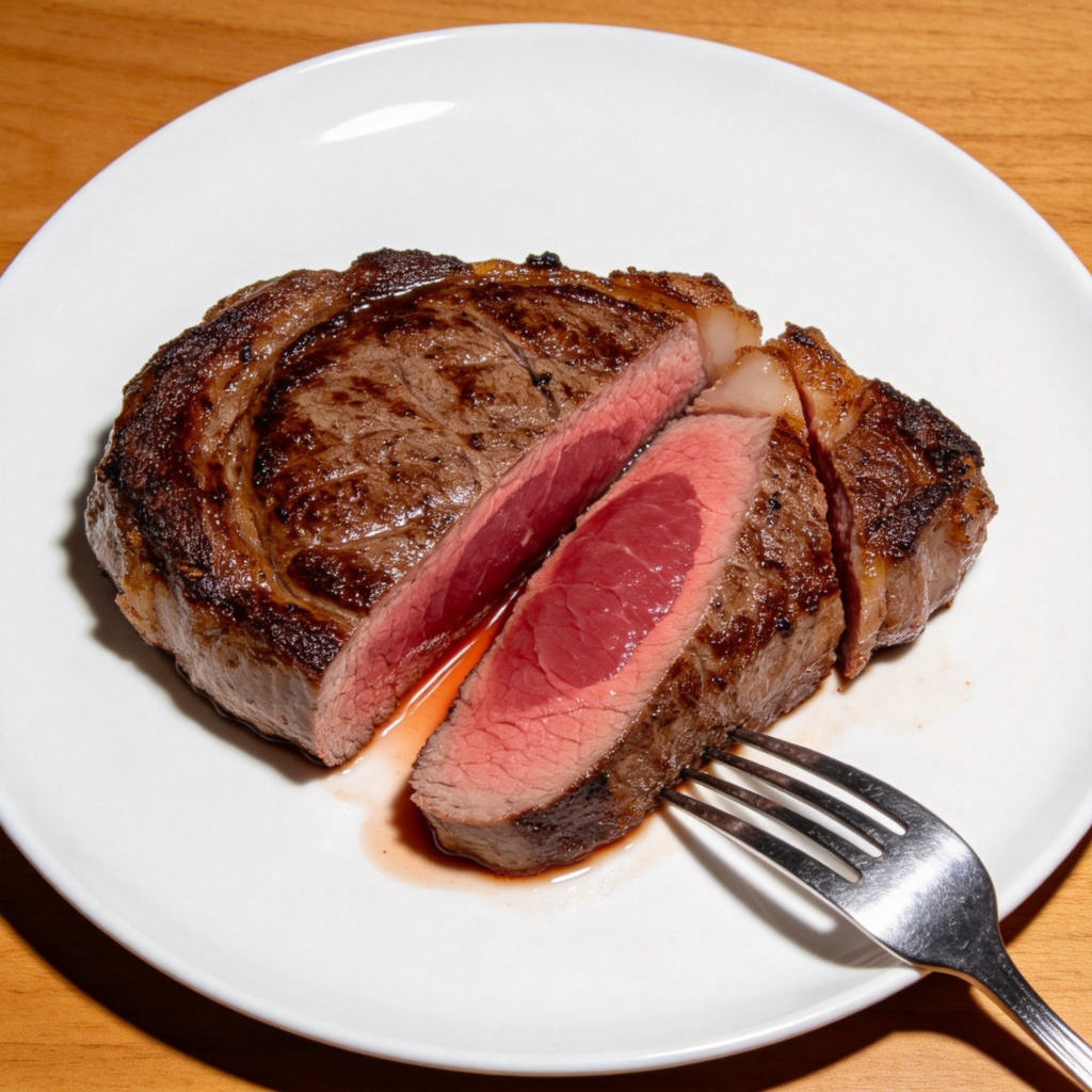 A close-up, top-down view of a cooked steak sliced open on a white plate. The outer crust is seared brown, but the inside reveals a large, distinct area of pinkish-red meat, showing clear juice. A simple silver fork rests beside it on a plain wooden table. The lighting is bright and natural. No text, no sauces or distracting elements.