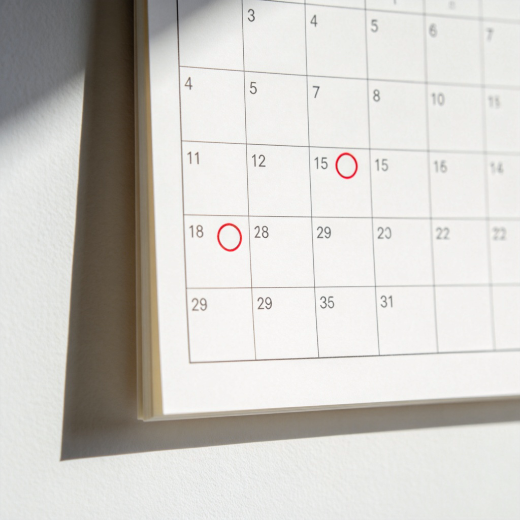 A monthly calendar on a wall, with only one or two days marked with a simple red circle. All other days are blank. The focus is on the emptiness and the few marks, emphasizing infrequency. Clean, bright background, realistic style. No text or logos.