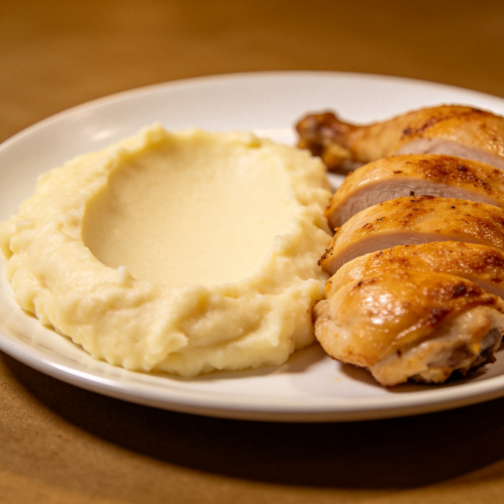 A close-up of a dinner plate with a large portion of mashed potatoes and chicken, but the side area meant for vegetables is completely empty and clean. The contrast highlights the complete absence of one food type. Soft indoor lighting, realistic detail. No text.