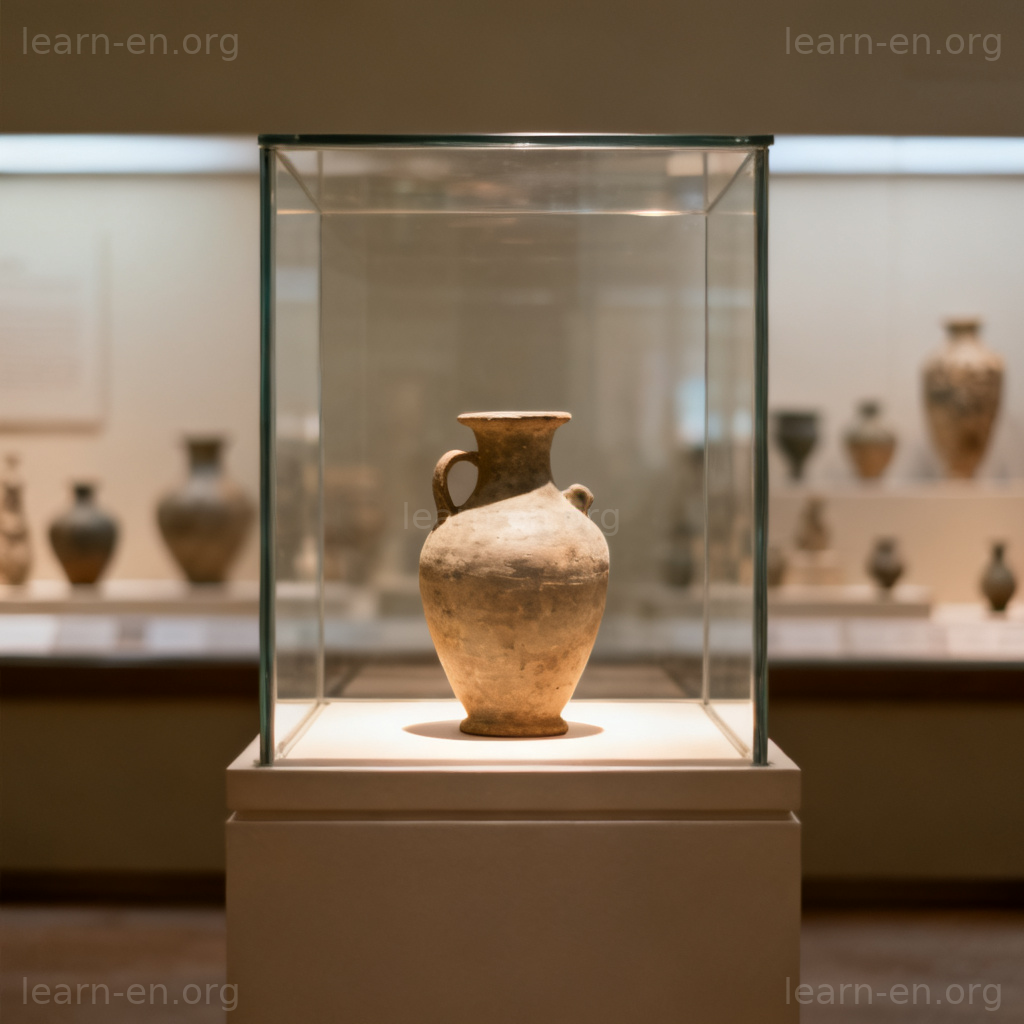 Rarity ancient vase in glass case museum display