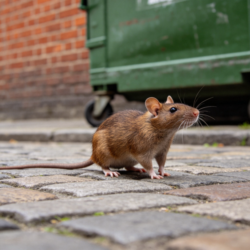 A close-up photograph of a brown rat on a cobblestone street in an urban environment. The rat is clearly visible with its long, hairless tail, pointy nose, and small ears. It is standing still, looking alert. The background is slightly blurred but shows a brick wall and a green metal dustbin. Daylight, realistic detail. No text or logos.