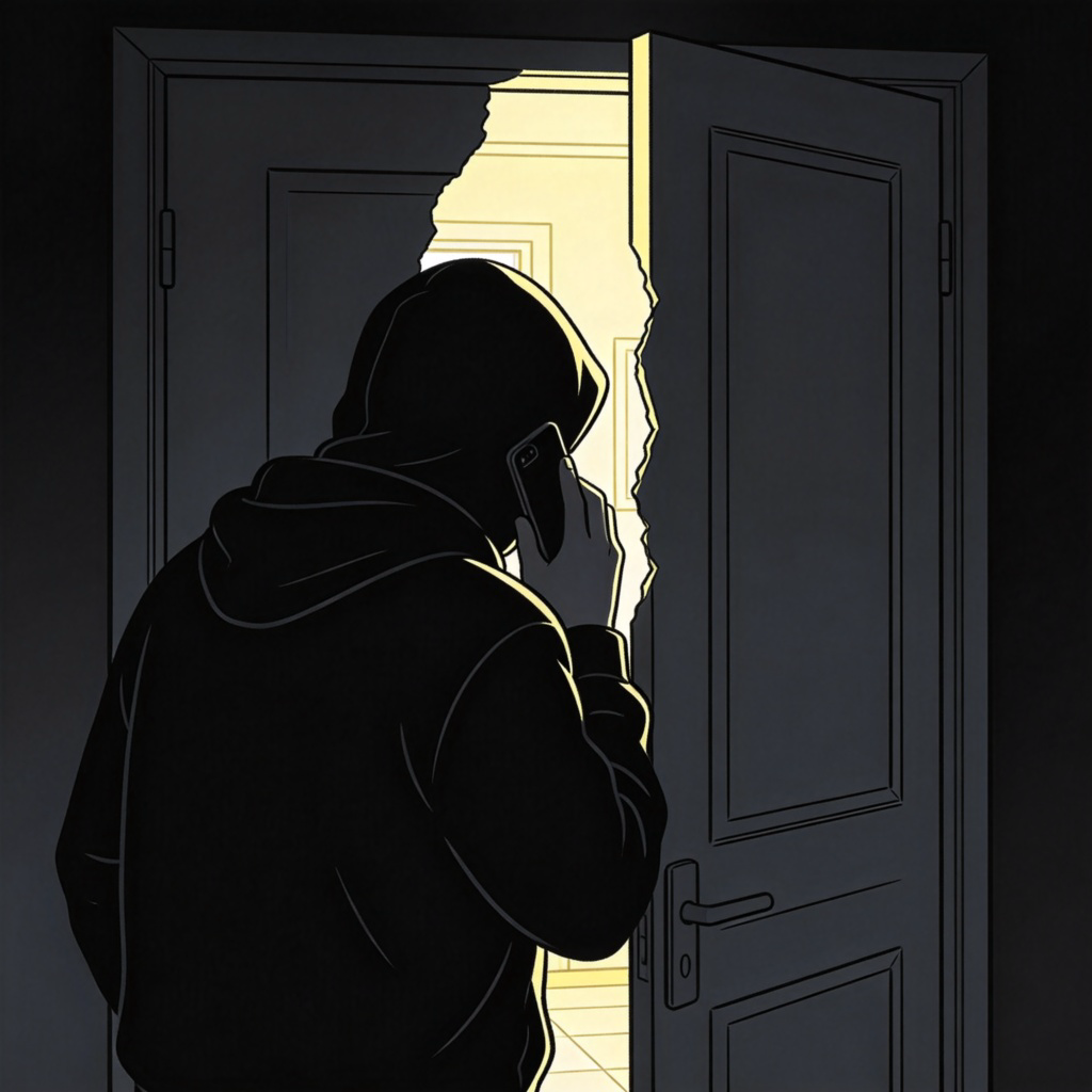 A stylized illustration of a person wearing a hoodie, shown from behind, peeking through a cracked door into a brightly lit room. The person holds a mobile phone to their ear, as if whispering. The scene is shady and secretive. Simple, graphic art style with high contrast. No text or identifiable faces.