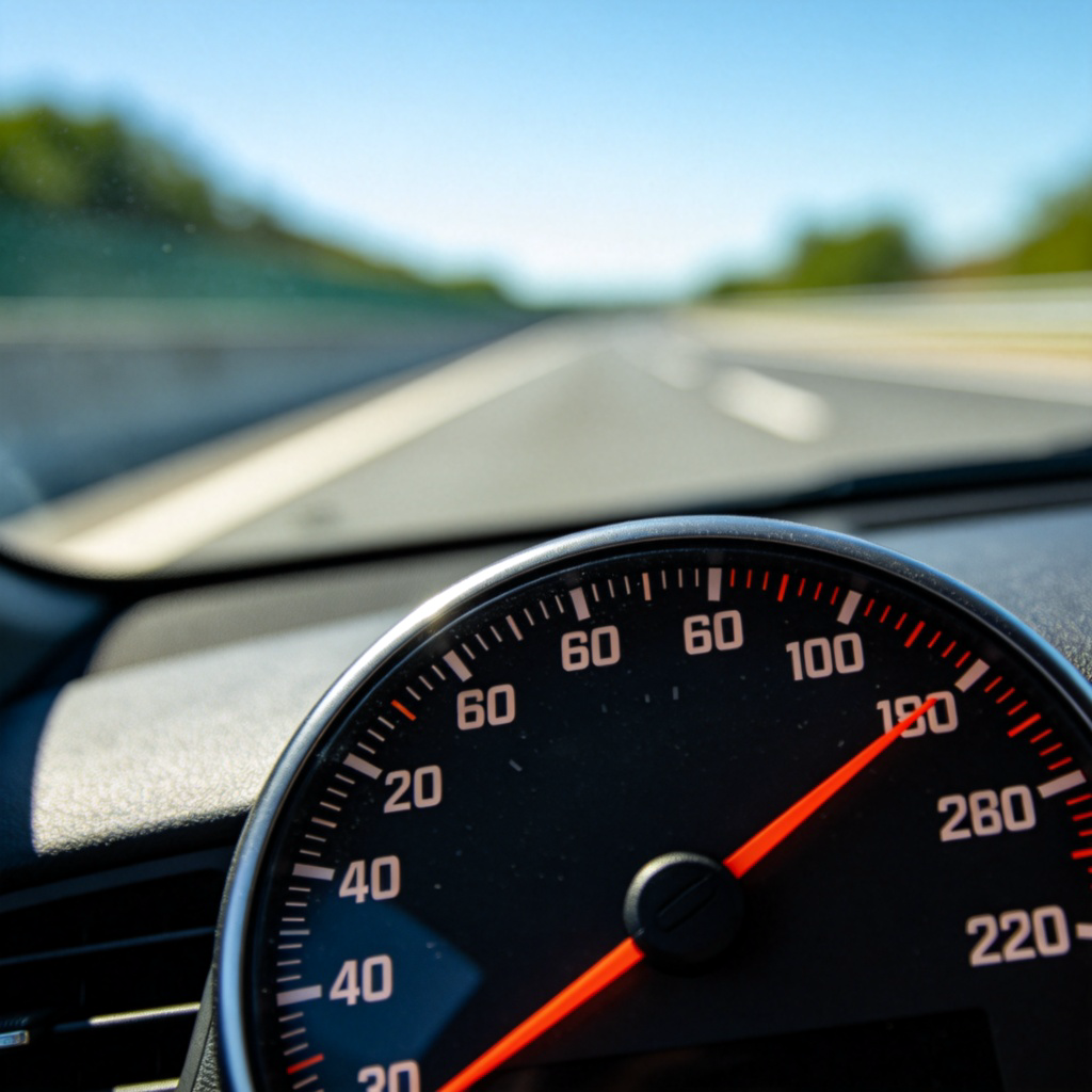 A close-up view of a car's speedometer showing the needle pointing at 60 mph on a clear highway. The focus is sharp on the dial and numbers, with the road blurring in the background. Bright daylight, no text or logos visible.