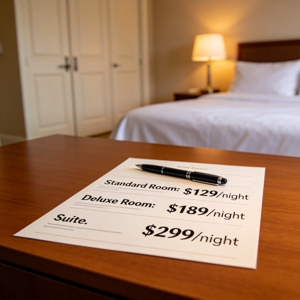 A clear, close-up photo of a hotel room price list on a desk. The list shows different room types with their nightly rates in large, bold numbers. A pen lies next to it. The background is a neat hotel room with soft lighting. No faces or text beyond the price list.