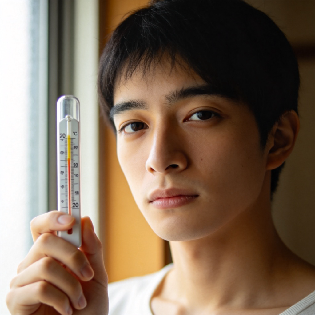 A person holding a thermometer showing a medium temperature like 20°C, with a neutral expression, standing indoors near a window. Simple background, natural lighting, focus on the thermometer and person's face. No text or numbers visible.