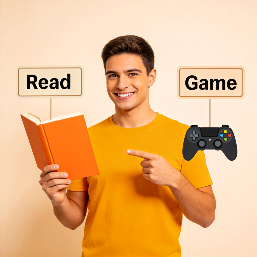 A person standing in front of two options: a book labeled 'Read' and a controller labeled 'Game', pointing confidently towards the book with a smile. Bright room, plain background, emphasis on the gesture of choice. No text.