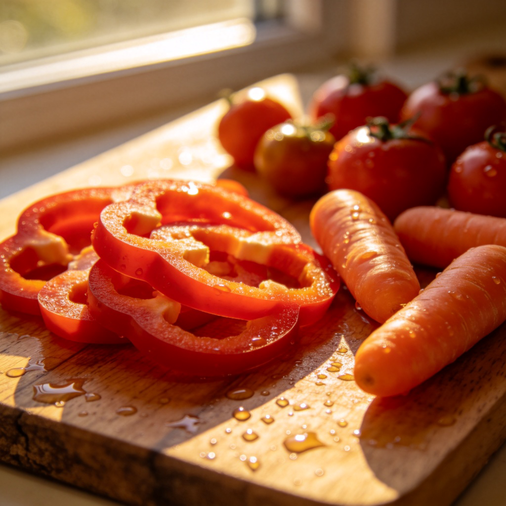 A close-up of a wooden chopping board. On it lie freshly washed, brightly colored raw vegetables: a sliced red bell pepper, a few baby carrots, and some cherry tomatoes. Sunlight from a window highlights their natural textures. No text.