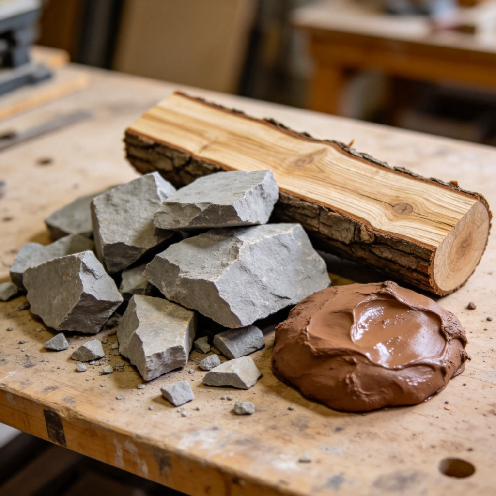 A close-up, detailed photo of a pile of raw, unprocessed materials on a workshop table. The materials include rough chunks of grey stone, a piece of untreated wood with visible bark, and a lump of wet, brown clay. The focus is on their natural, untouched textures. No text.
