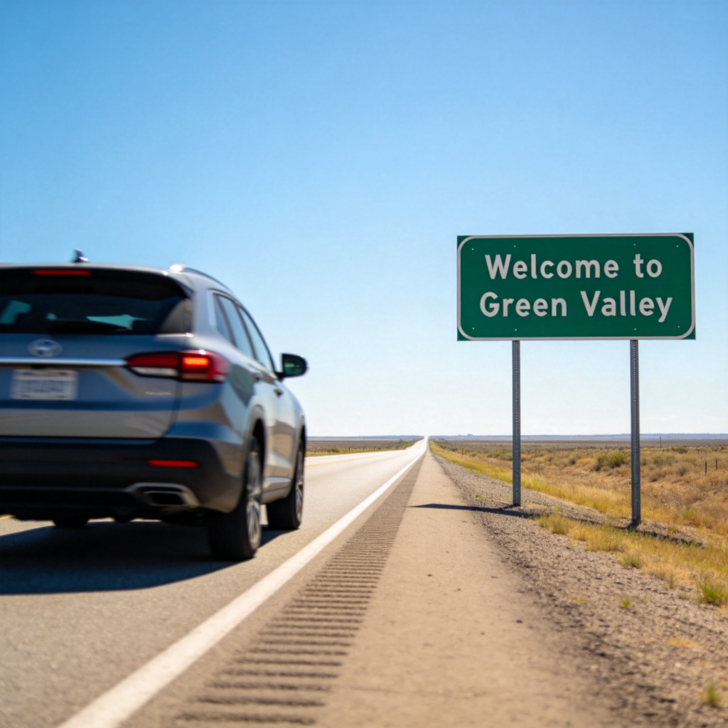 A car driving on a long, empty road towards a clearly visible sign that says "Welcome to Green Valley". The car is just about to pass the sign, indicating arrival. Bright daytime, clear sky, focus on the car and the sign. No text on the sign except the town name.