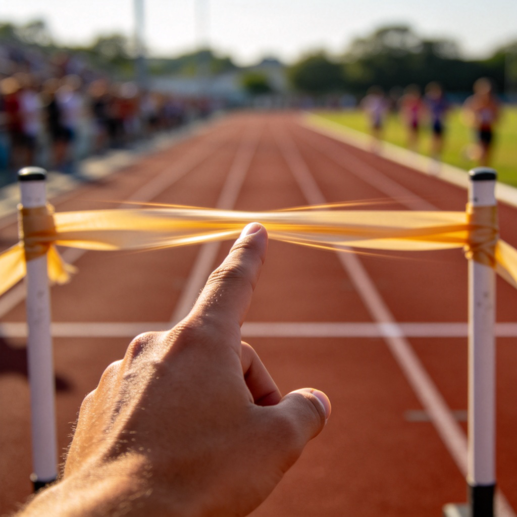 A person's hand in the foreground, their finger just touching a finish line ribbon held by two posts. The background is a blurred sports field, suggesting a race. The focus is on the moment of contact with the ribbon, symbolizing achieving a goal. Daylight, realistic style.