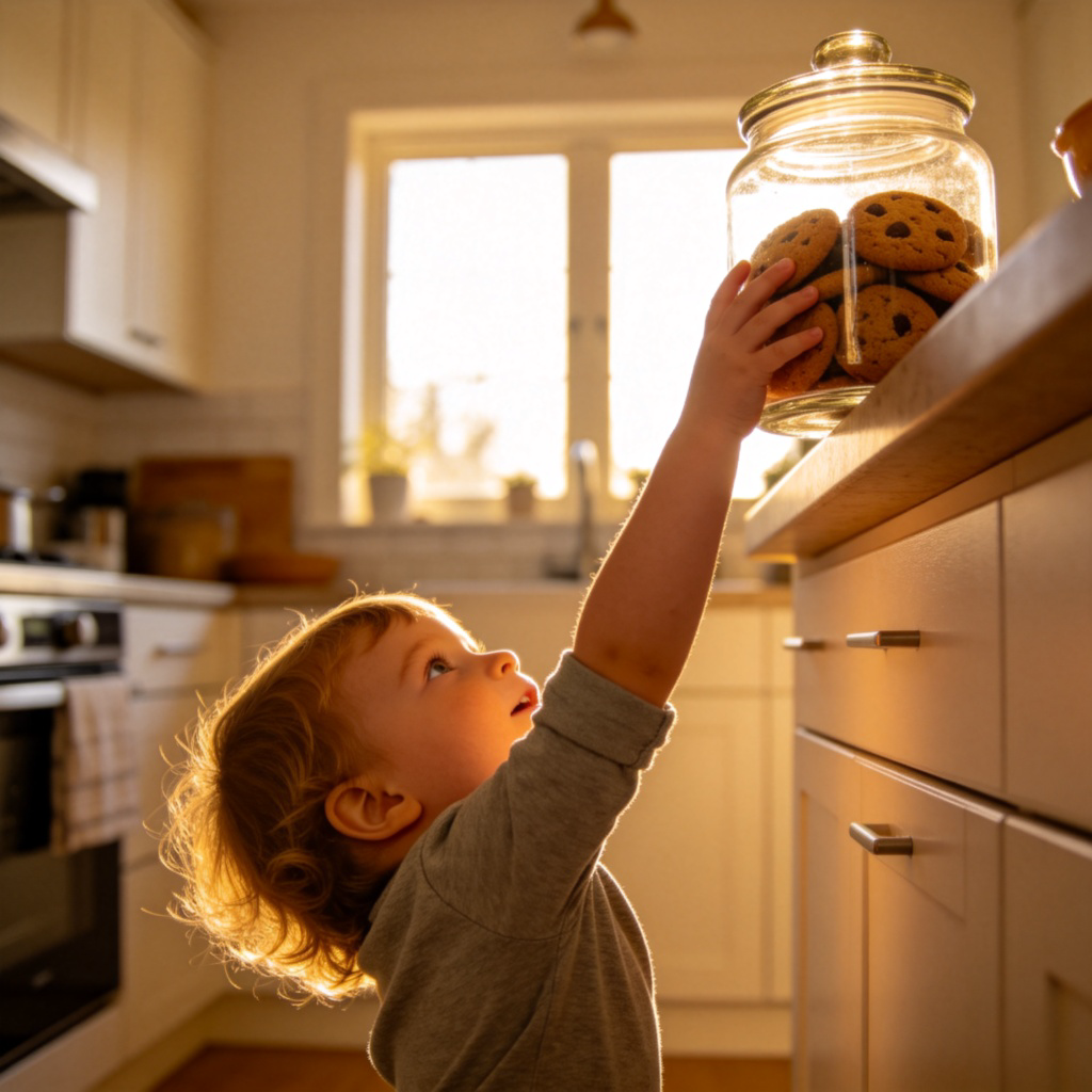 A young child in a kitchen, standing on tiptoes, arm fully stretched upwards towards a cookie jar placed on a high counter. The child's face shows concentration. Warm lighting, focus on the action of stretching and the distance between hand and jar. Clean, modern kitchen in the background.