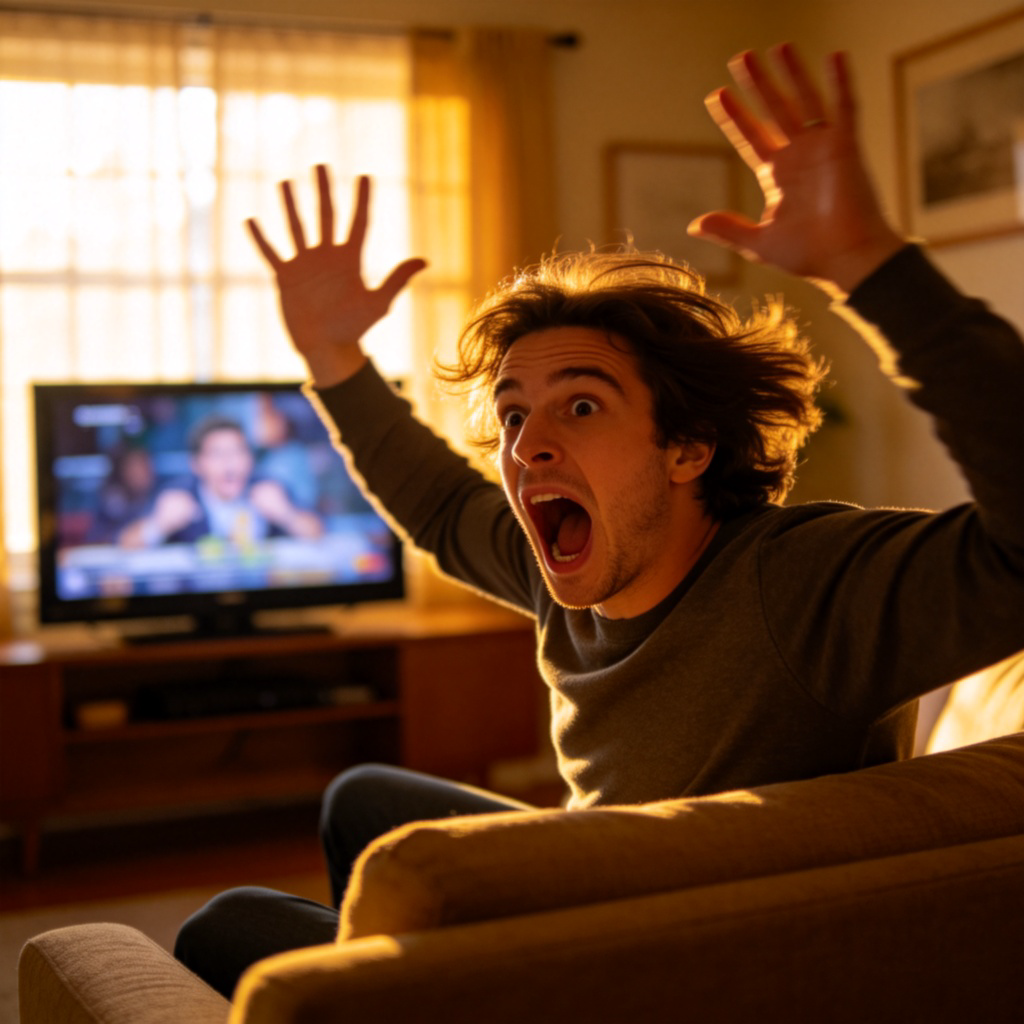 A person sitting on a sofa watching TV, suddenly jumping up with a surprised expression, hands in the air, as if something shocking happened on screen. The TV screen is visible but blurred. Daylight from a window. Focus on the person's exaggerated reaction. No text.