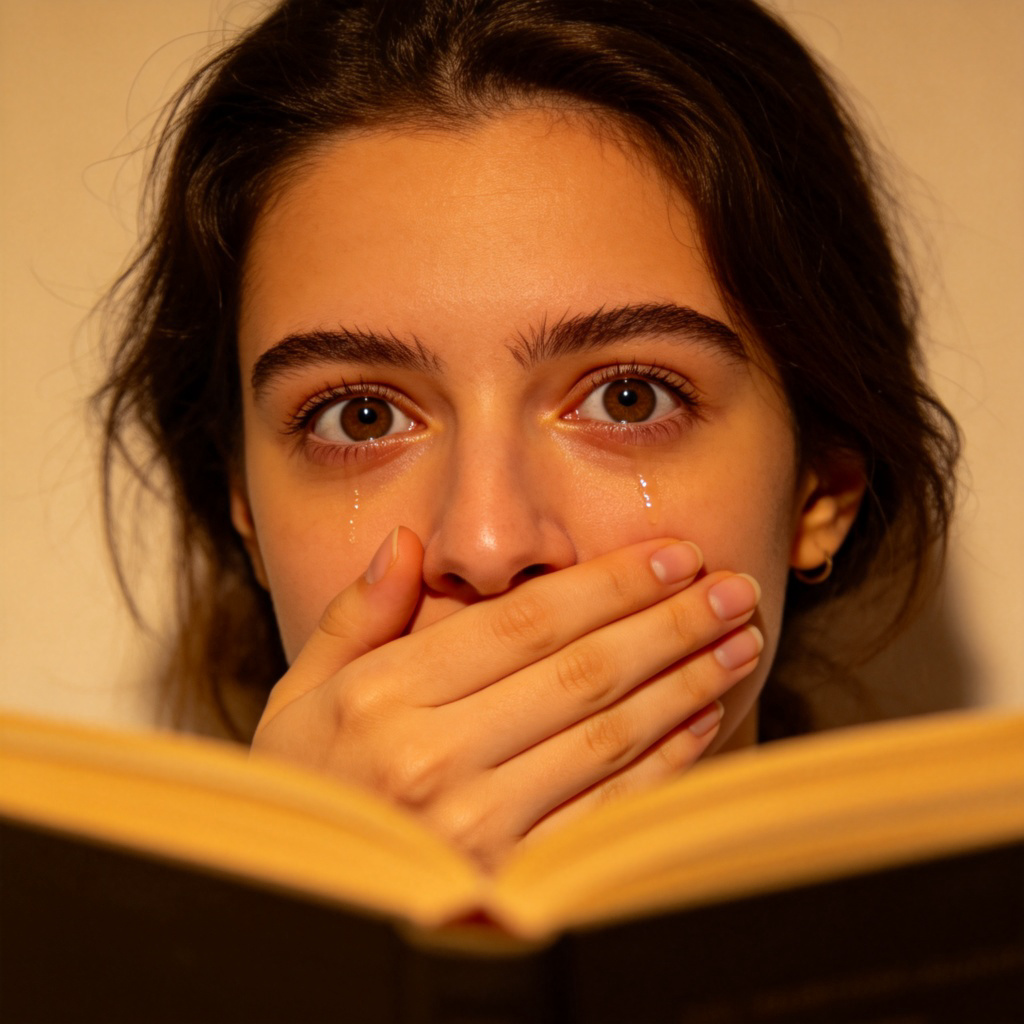 A close-up of a person's face with one hand covering their mouth, eyes wide and glistening with tears, showing a strong emotional response to something touching they are reading in a book. Soft, warm indoor lighting. Plain background. No text.