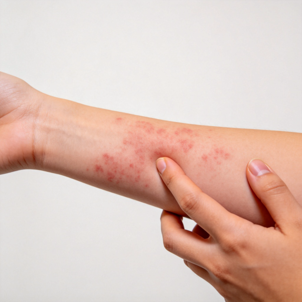 A close-up of a person’s forearm with red, slightly swollen patches (hives) on the skin. The person’s other hand is seen lightly touching the affected area. Plain, clean background with soft lighting to clearly show the skin condition. No text.