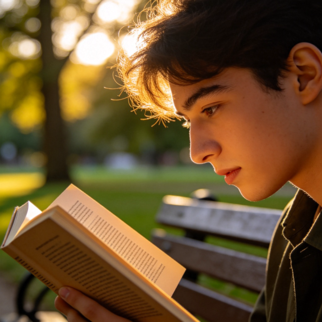 A person sitting on a park bench, holding an open paperback book in their hands, focusing on the pages. Soft sunlight filtering through trees. Close-up shot on the person's face and the book. No text on the book cover.