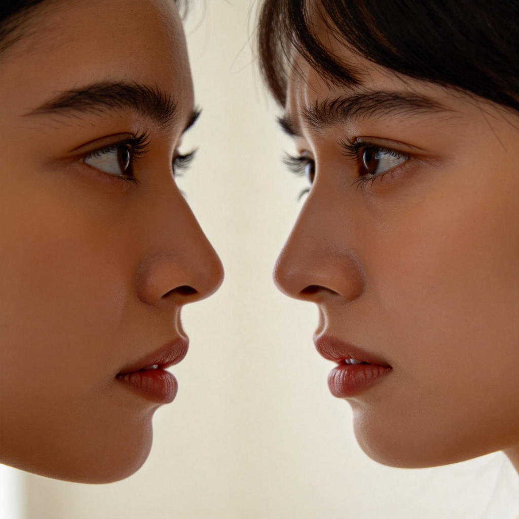 A close-up of a person's face looking thoughtfully at a friend who has a concerned expression. The focus is on their eyes and subtle facial expressions, capturing a moment of silent understanding. Neutral background, soft indoor lighting.