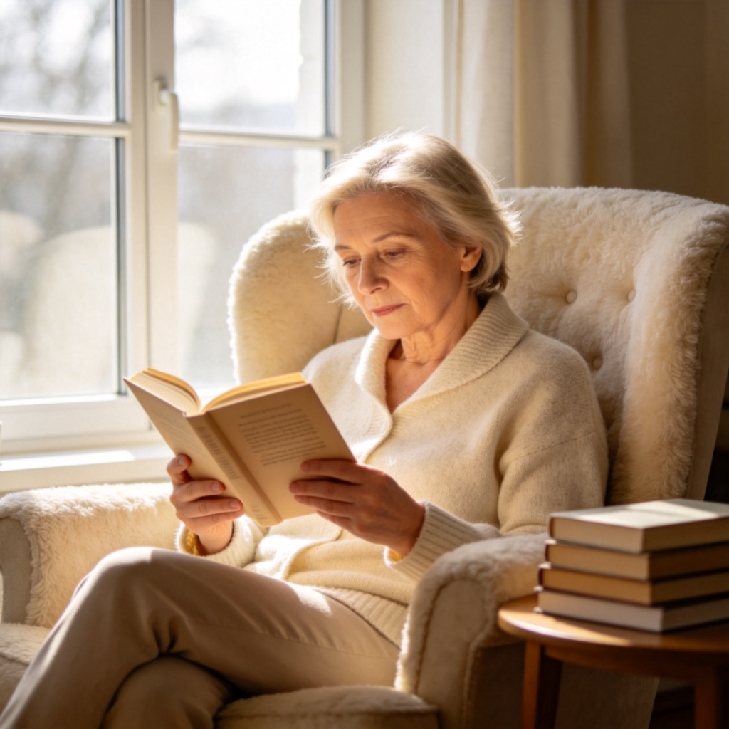 A person of any age and gender, sitting comfortably in a cozy armchair by a window, fully absorbed in reading a paperback book. Natural daylight illuminates the pages and their focused expression. The book is held open in their hands, with other books stacked neatly on a small table nearby. The scene is peaceful and focused on the act of reading.