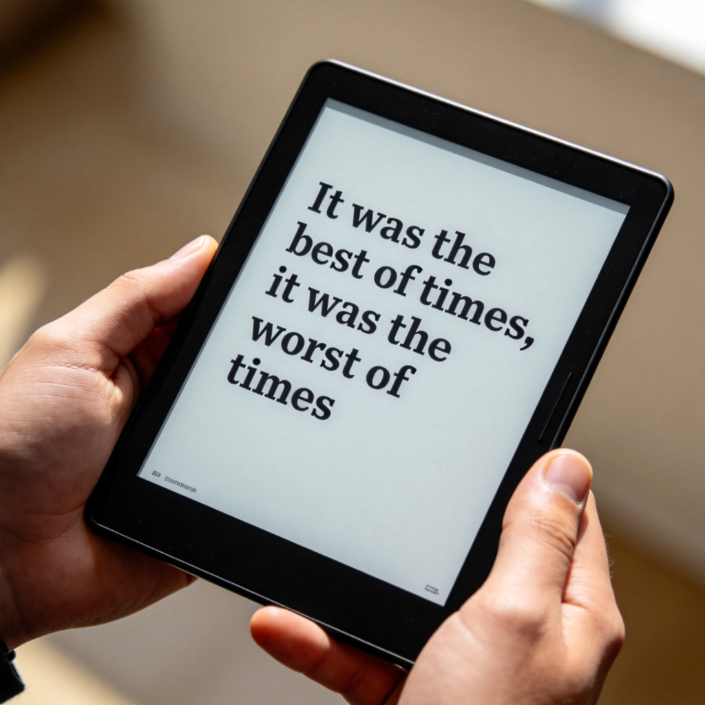 A close-up shot of a person's hands holding a slim, modern e-reader device with a black and white e-ink screen displaying text. The screen is clear and paper-like, showing a page of a book. The background is blurred, focusing entirely on the device and the text on its screen. The lighting is soft and even.
