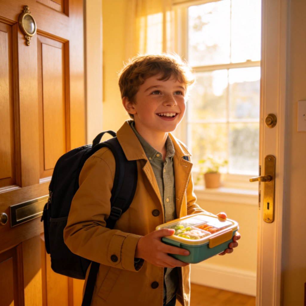 A cheerful student wearing a backpack, standing by the front door with their coat on and holding a lunch box. Their posture is eager, looking forward to going to school. Sunny morning light from a window. Clear, simple home environment. No text.