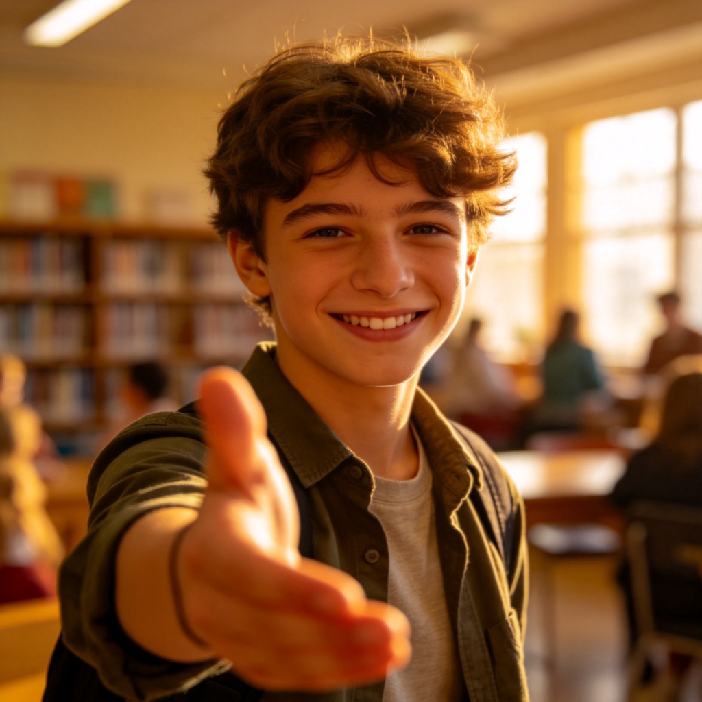 A young person with a friendly smile, holding out a hand as if offering help or agreeing to something. They are nodding. Warm, positive expression. Blurred background of a community center or library. Natural lighting. No text.