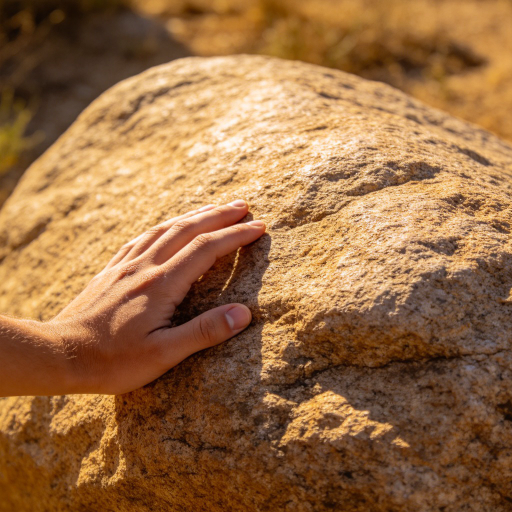 A close-up shot of a person's hand touching a large, textured rock in a sunny outdoor setting. The focus is on the rough, solid surface of the rock, conveying a sense of tangible and actual existence. Clean, natural lighting, no text.