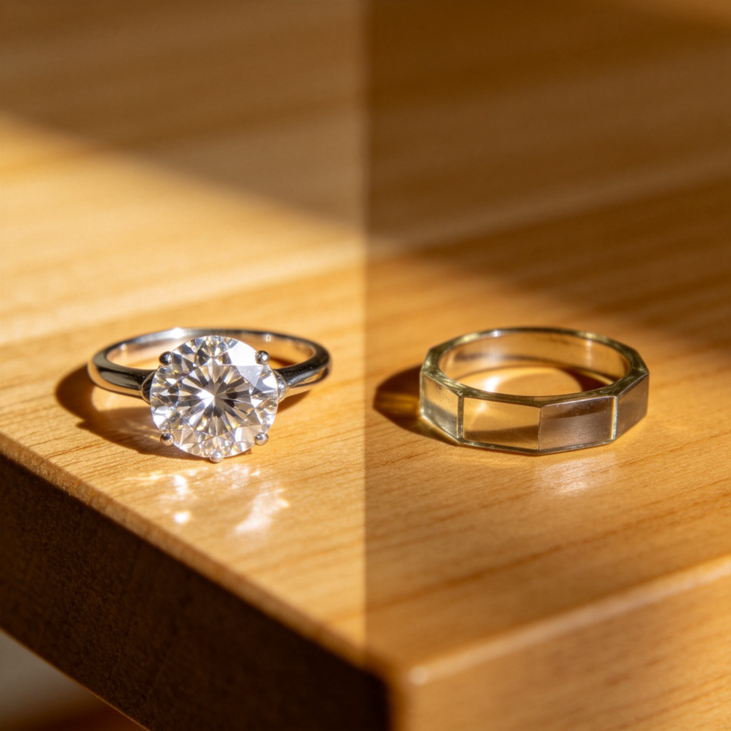 A side-by-side comparison on a wooden table. On the left, a beautiful, sparkling diamond ring. On the right, a dull, glass imitation. The real diamond catches the light brilliantly. Simple background, clear focus on the difference. No text.