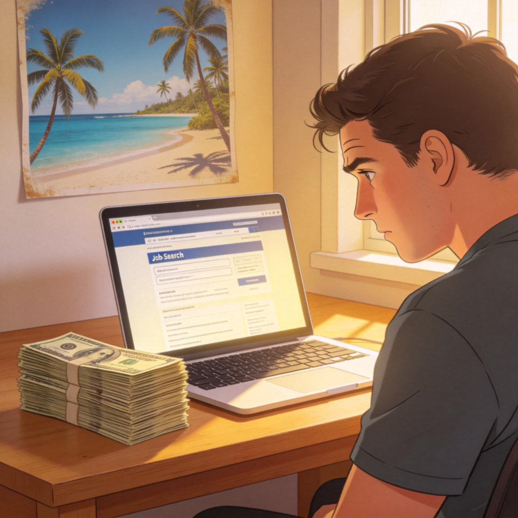 A person sitting at a desk looking at a laptop screen with a job search website open, while a pile of bills lies next to it. On the wall, there's a poster of an ideal vacation destination. The person's expression shows mild stress. Warm indoor lighting, realistic style. No text or logos.