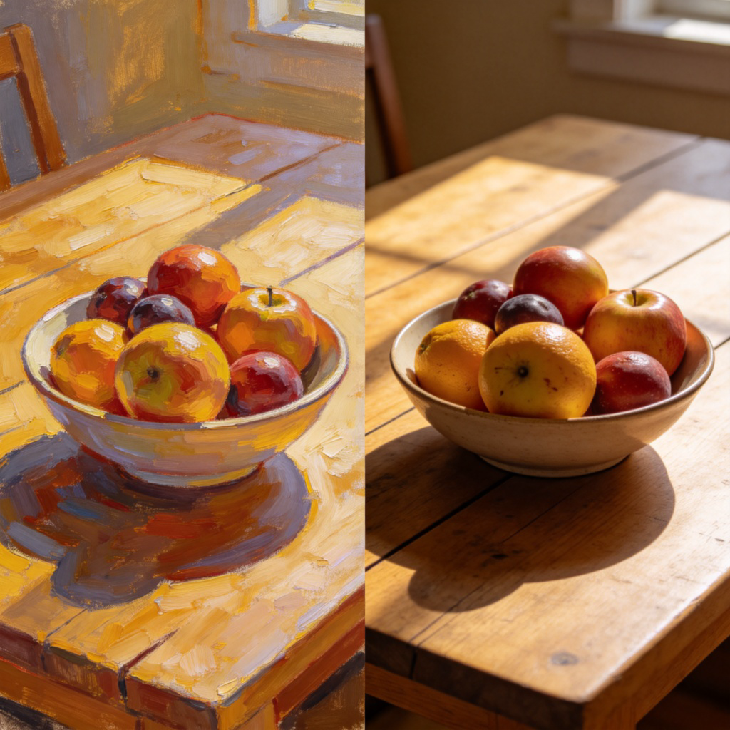 A side-by-side comparison. On the left, a highly detailed and realistic oil painting of a bowl of fruit. On the right, the actual, real bowl of fruit that was the model for the painting. Both are placed on a wooden table under natural light, highlighting the painter's skill in capturing reality. No text.