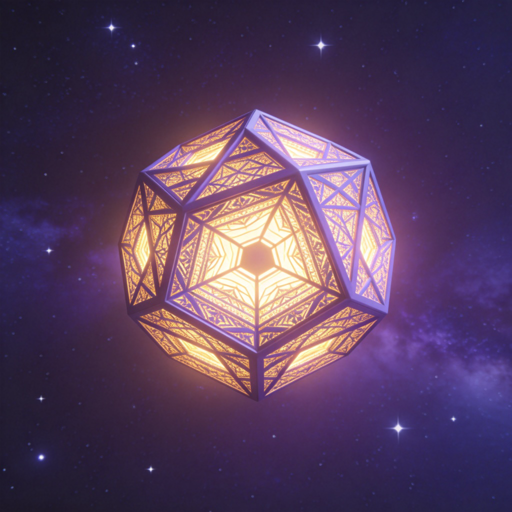 A visual metaphor: a glowing, intricate 3D geometric shape (like a dodecahedron) floating in a dark, starry space. The shape is solid and seems to have its own inherent structure, representing objective reality. The style is a blend of scientific illustration and mystical atmosphere. No text.