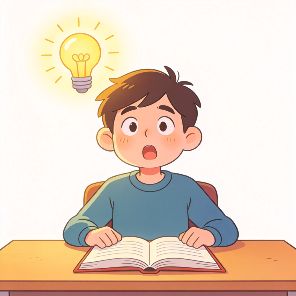 A person sitting at a desk with a lightbulb icon glowing brightly above their head. Their facial expression shows sudden understanding and surprise. On the desk is an open book. Simple, clean background, cartoon or illustration style. No text.