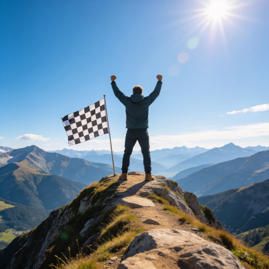 A person standing on top of a mountain, arms raised in victory, with a checkered flag planted beside them. The view is expansive, showing they have reached a big goal. Bright daylight, realistic style. No text.