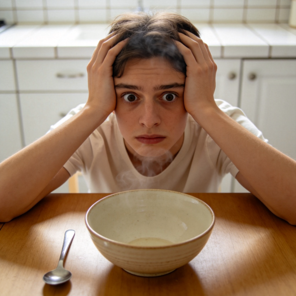 A person sitting at a table, holding their head in their hands with eyes wide open, looking exhausted. In front of them is an empty bowl and a spoon, with steam faintly rising from it, implying the soup was very hot. The background is a simple kitchen setting. Natural lighting, focus on the person's tired expression and the bowl. No text.
