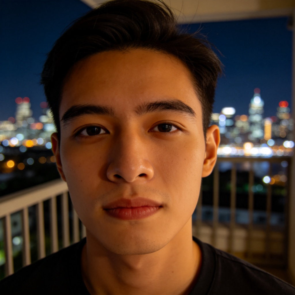 A close-up shot of a person looking directly at the viewer with a sincere and earnest expression. They are standing on a balcony at night, with a beautiful city skyline lit up behind them, as if they are sharing a heartfelt thought about the city. Warm, soft lighting on their face. No text.