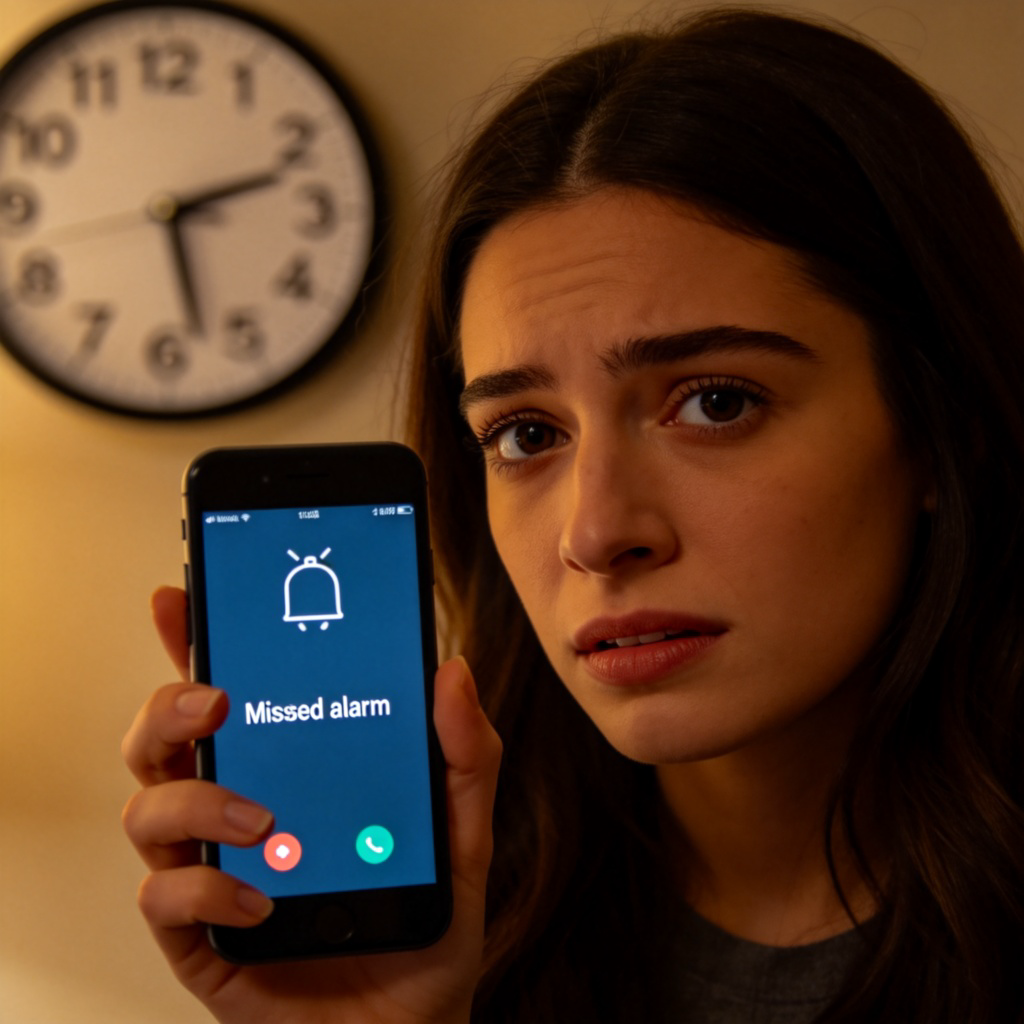 A person looking at their phone screen showing a missed alarm notification, with a clock on the wall showing a later time. They have a look of understanding on their face. Soft indoor lighting, focus on the phone screen and the person's expression. No text or logos.