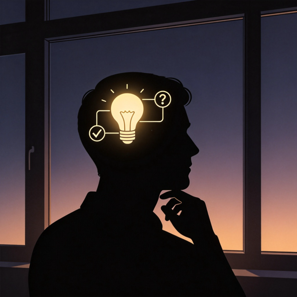 A person's silhouette facing a large window at dusk, with one hand on their chin in a thoughtful pose. Inside their head, a glowing lightbulb is connected by lines to smaller icons like a question mark and a tick. Simple, clean illustration style on a dark background. No text.