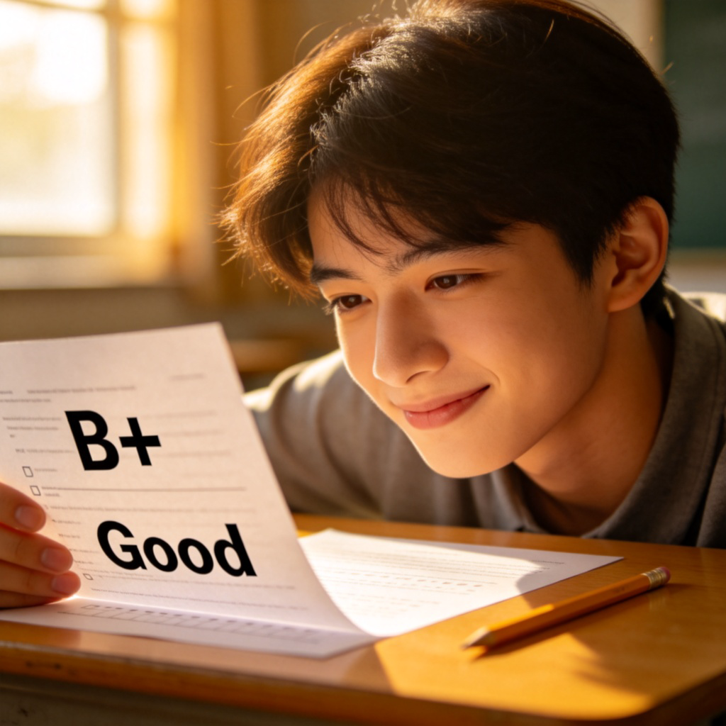 A close-up of a student looking at a test paper with a score of "B+" or "Good". The student has a calm, mildly pleased expression. The paper is on a wooden desk with a pencil nearby. Natural lighting from a window. Focus on the paper and the student's expression.