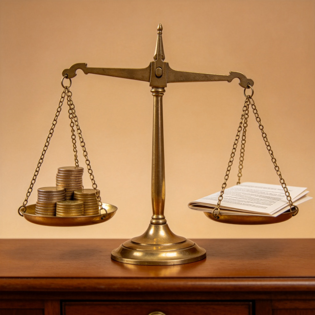 A close-up of a balanced old-fashioned brass scale on a judge's bench. One side has a stack of coins, the other has a document. The scales are perfectly level, symbolizing fair judgment. Warm, even lighting, plain background.