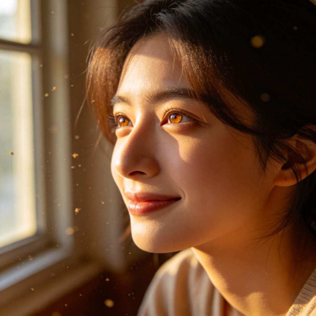A thoughtful-looking person sitting by a window, with a faint, gentle smile. A warm ray of sunshine illuminates dust particles floating in the air. Focus on the person's reflective eyes. Soft lighting, realistic style. No text.