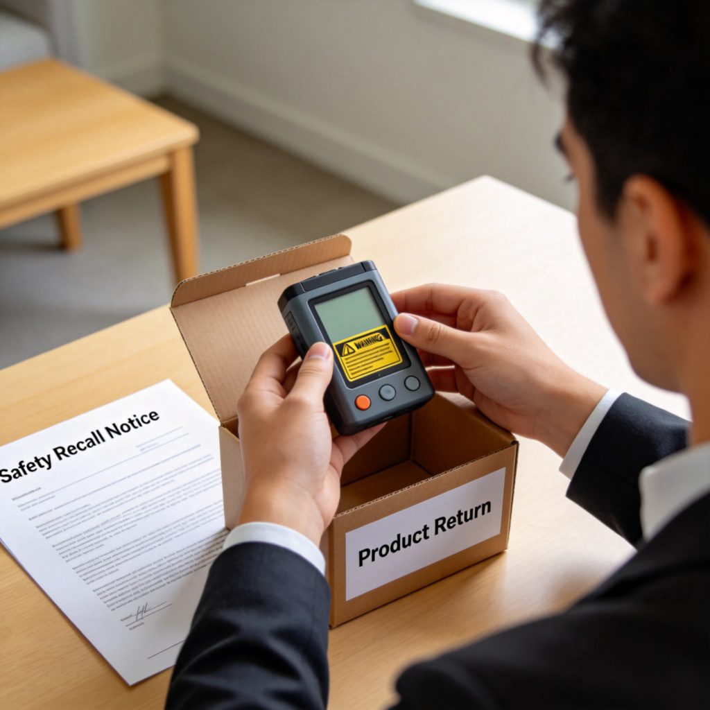 A person holding a small electronic device with a warning sticker on it, about to place it into a box labeled "Product Return". On a table nearby lies an official-looking letter with the headline "Safety Recall Notice". Clean, well-lit room background. Photorealistic style. No text on the product box other than the label.