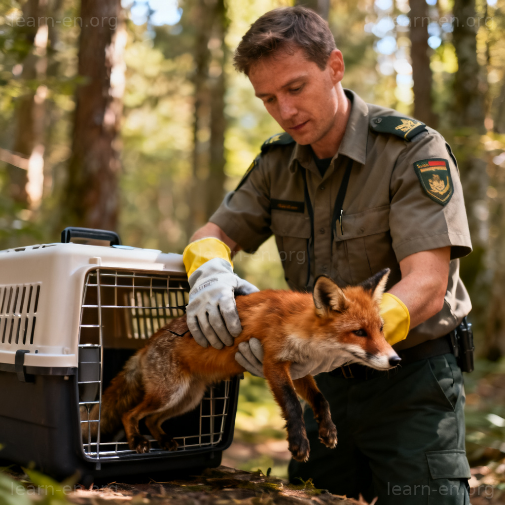 Agent recapturant un renard roux dans une cage en forêt.