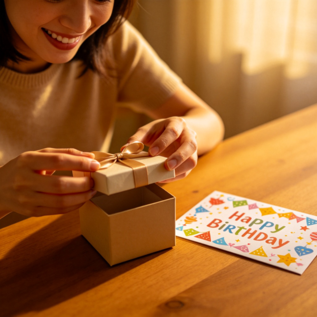 A person with a happy expression, opening a small gift box with a ribbon. The box is in their hands, and a colorful birthday card lies next to it on a wooden table. Warm indoor lighting. Focus on the action of receiving.