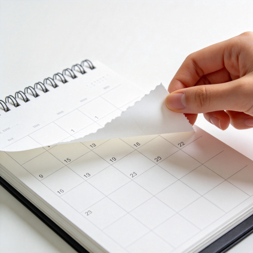 A desktop calendar is open to a page. A hand is in the process of tearing off an old date sheet to reveal a very new, clean sheet underneath with a date from just a few days ago. The lighting is bright and clear, focusing on the tearing action and the new date. No text on the calendar.