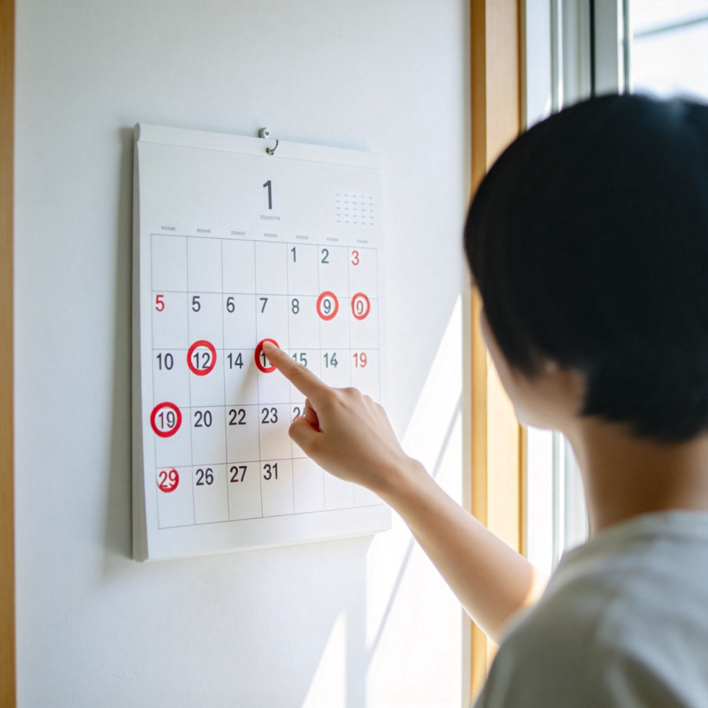 A person looking at a calendar on a wall, with a red circle drawn around the dates that represent the last few days of the current month. The person's finger is pointing at one of the circled dates. Clean, modern room with natural light from a window. Focus on the calendar and the pointing action. No text in the image.