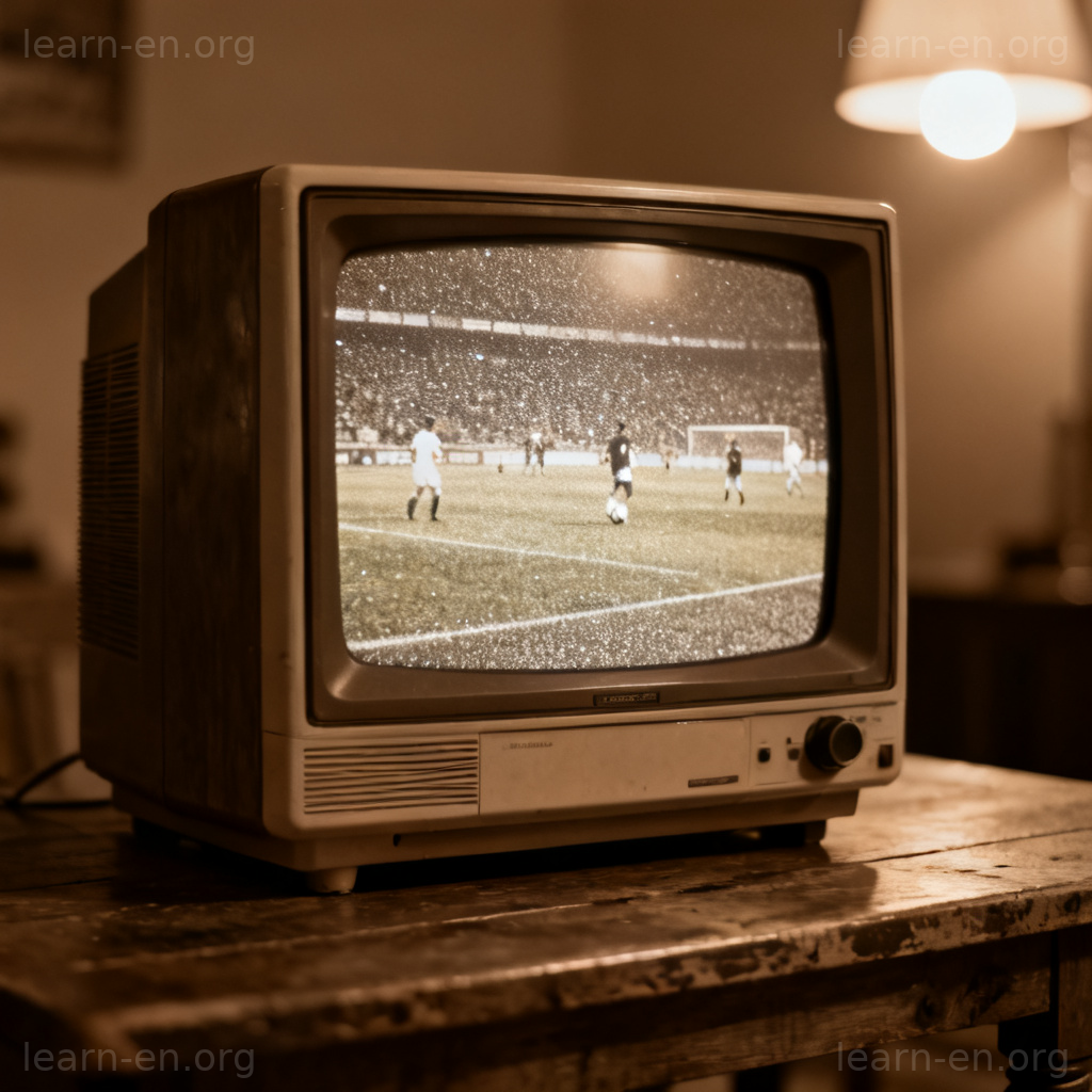 Poor TV signal reception example showing static on a football match screen.
